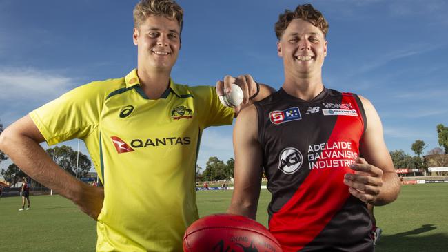 SANFL: Australian/ Redbacks cricketer Spencer Johnson with his brother Isaac Johnson, West AdelaideÃ¢â¬â¢s new captain at Richmond Oval. 6th March 2024 - Picture: Brett Hartwig