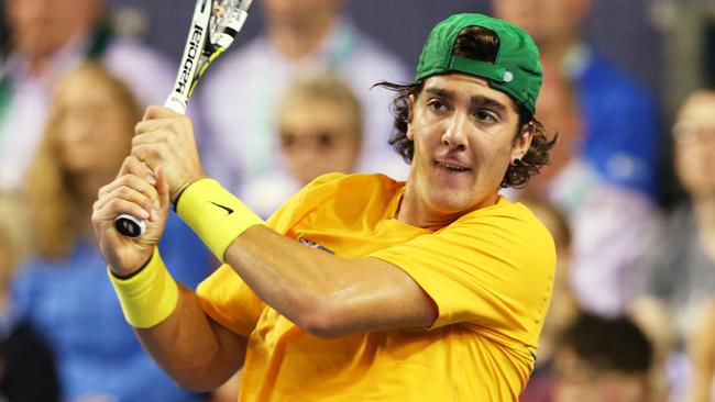 Thanasi Kokkinakis in action for Australia during a Davis Cup tie last year.