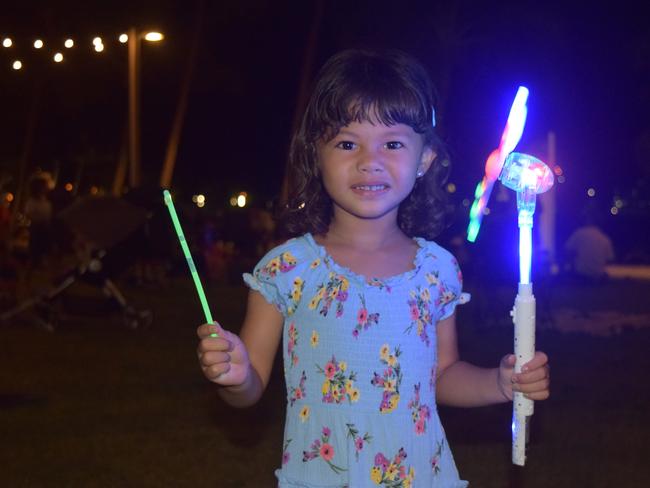 Brianna Davis, 3, from Airlie Beach watched the fireworks at the Airlie Beach foreshore.