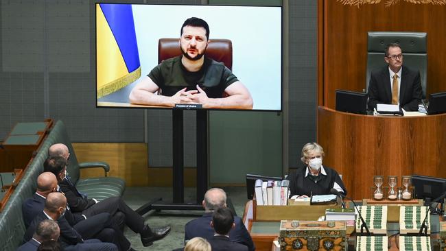 Ukrainian President Volodymyr Zelensky addresses the Australian parliament via video link in March. Picture: Getty Images