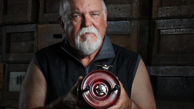 Bruce Alvey with one of the no nonsense, unbreakable, timeless masterpieces, the Alvey Reel, Carol Park. Photographer: Liam Kidston.