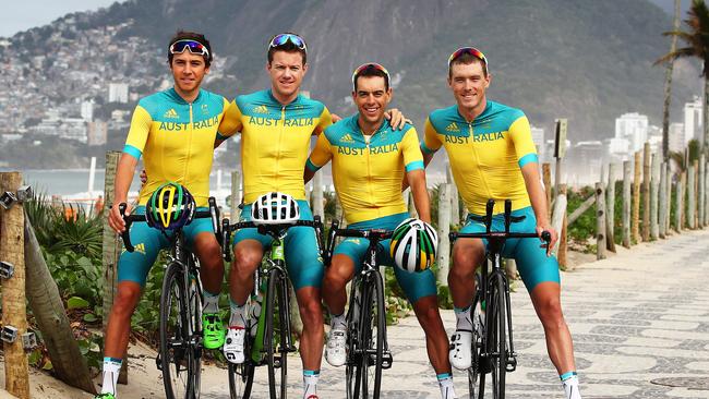 Australia’s road cycling team of Scott Bowden, Simon Clarke, Richie Porte and Rohan Dennis at Ipanema Beach. Picture. Brett Costello