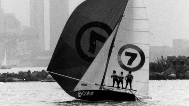 The famous 18-foot skiff Color 7, skippered by Iain Murray, on Sydney Harbour in the 1970s.