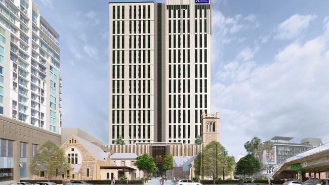 Artist impression of a proposed 33-storey student accommodation tower for Trinity Church on North Tce. Picture: Brown Falconer