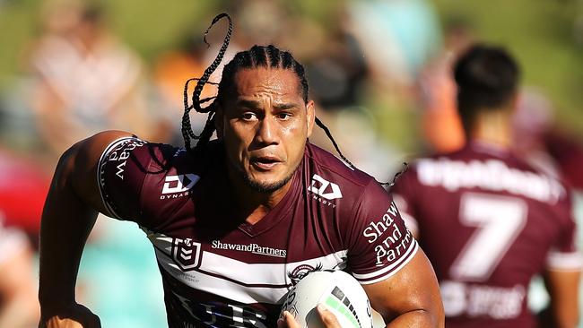 SYDNEY, AUSTRALIA - FEBRUARY 28: Martin Taupau of the Sea Eagles runs the ball during the NRL Trial Match between the Wests Tigers and the Manly Sea Eagles at Leichhardt Oval on February 28, 2021 in Sydney, Australia. (Photo by Mark Kolbe/Getty Images)