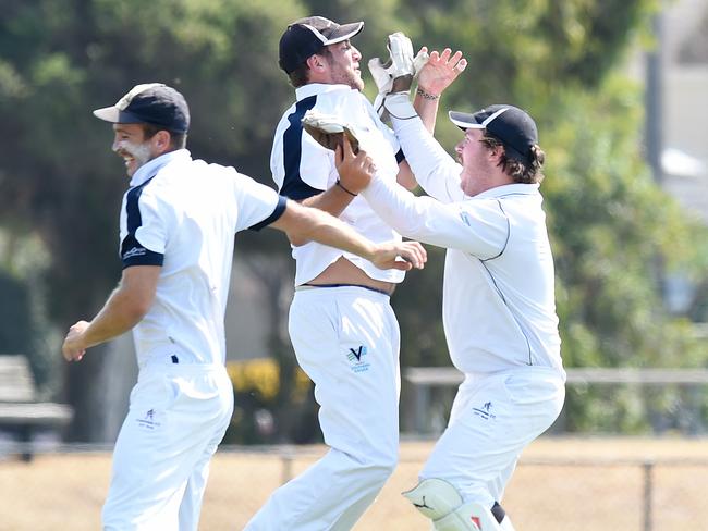 Aspendale players celebrate a run out on day one of the Cricket Southern Bayside Division 1 grand final against Mentone. Picture: Josie Hayden