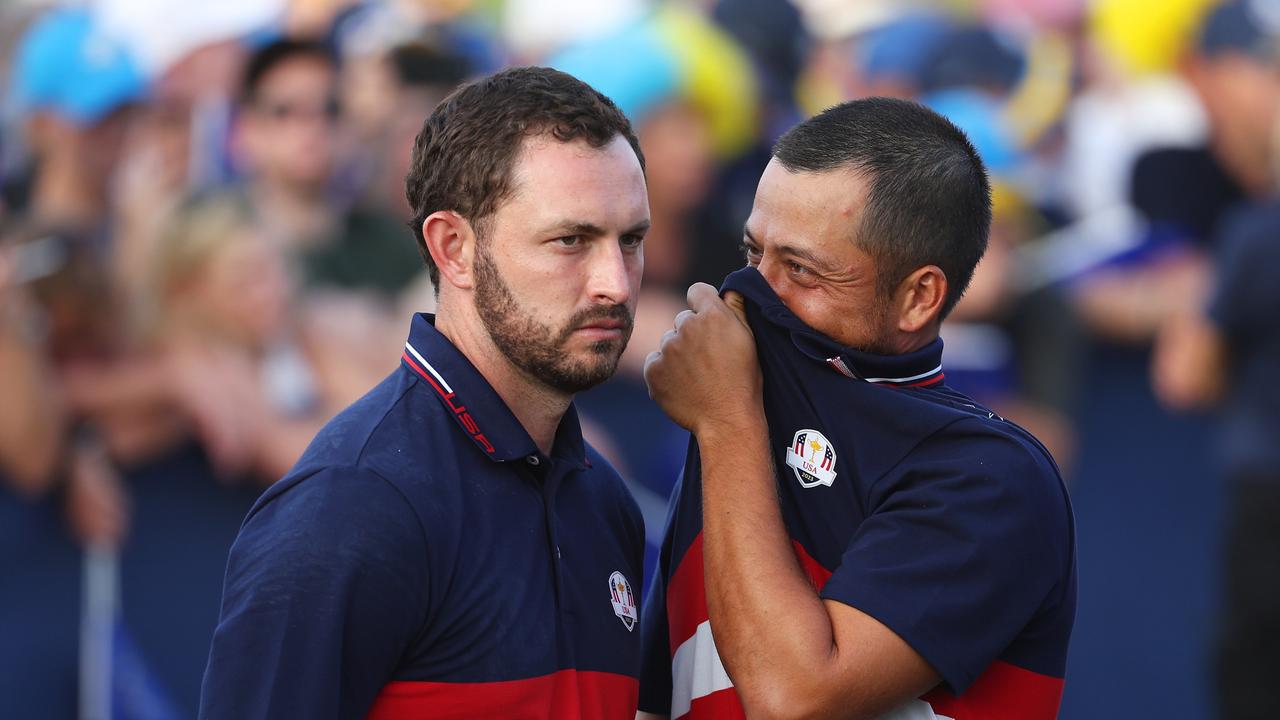 ROME, ITALY - OCTOBER 01: Patrick Cantlay and Xander Schauffele of Team United States talk following the Sunday singles matches of the 2023 Ryder Cup at Marco Simone Golf Club on October 01, 2023 in Rome, Italy. (Photo by Patrick Smith/Getty Images)