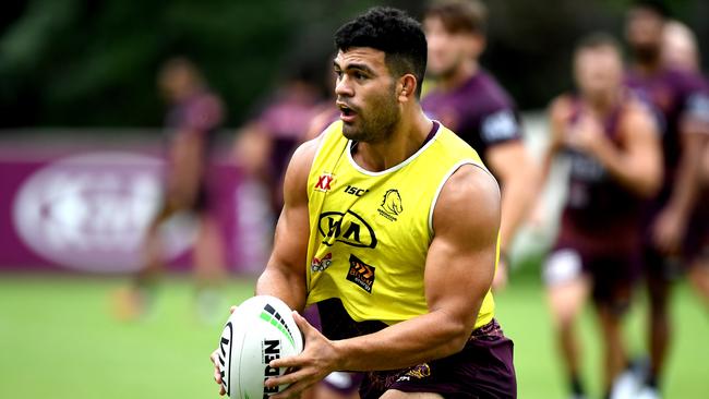 BRISBANE, AUSTRALIA - FEBRUARY 27: David Fifita in action during a Brisbane Broncos NRL training session at Red Hill on February 27, 2020 in Brisbane, Australia. (Photo by Bradley Kanaris/Getty Images)