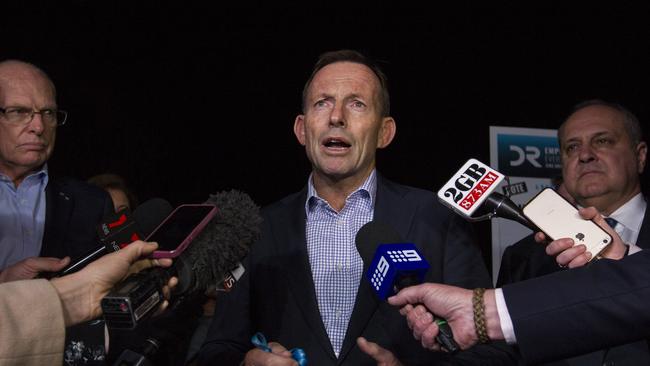 Tony Abbott speaks to the media after NSW Liberals endorsed The Warringah Motion at the Liberal Convention in Rosehill Racecourse on Sunday. Picture: Hollie Adams.