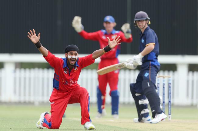 Gurkirat Singh Behl from Toombul appeals for a wicket in their Under 17 cricket clash against Northern Suburbs at Ian Healy Oval on Sunday. Picture Lachie Millard