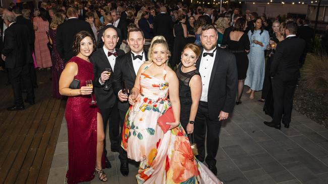 At LifeFlight Toowoomba Gala are (from left) Christina Barron, David Barron, LifeFlight doctor Dr Chris Jarvis, Emma Jarvis, Kristen Elliott and Dr Charles Elliott at The Goods Shed, Saturday, May 6, 2023. Picture: Kevin Farmer