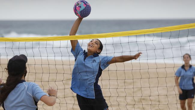 Caitlin Wooster, 14, from Jannali High School playing volleyball against South Sydney High School. Picture: Quentin Jones