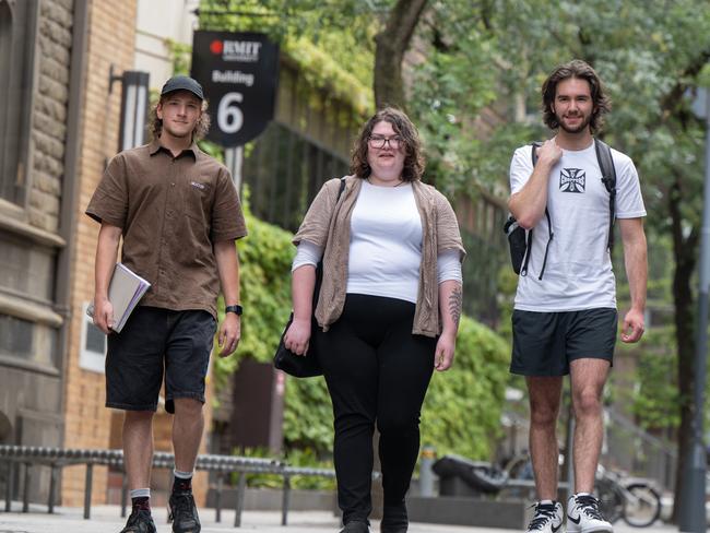 Justin Nicolo, Tahleah Fisher and Turker Cakal will commence their tertiary studies at RMIT this year. Picture: Tony Gough