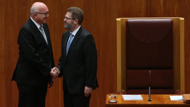 Attorney General George Brandis and new senate president Scott Ryan in the senate chamber. Picture: News Limited