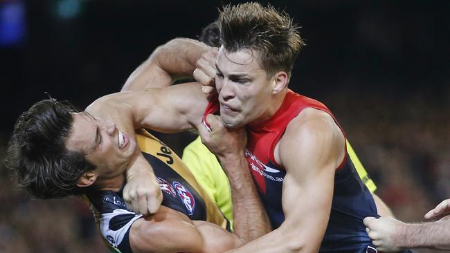 Jack Viney smashes into Alex Rance after his hit on Jack Watts. Picture: Michael Klein