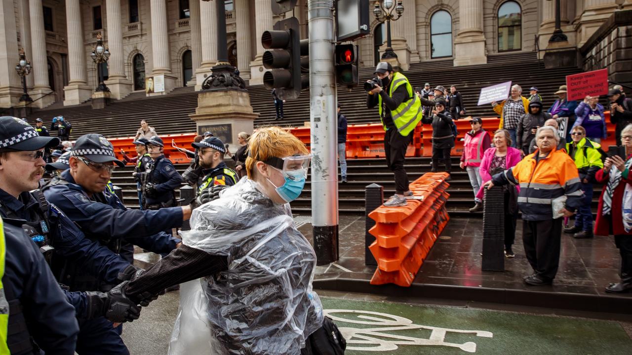 Police officers lead a protester away from the steps of Parliament House on Saturday. Picture: NewsWire / Tamati Smith