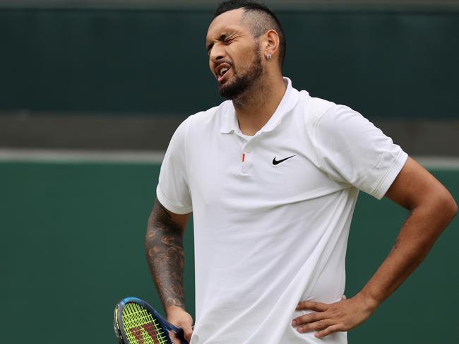 LONDON, ENGLAND - JULY 03: Nick Kyrgios of Australia reacts during his men's singles third round match against Felix Auger Aliassime of Canada during Day Six of The Championships - Wimbledon 2021 at All England Lawn Tennis and Croquet Club on July 03, 2021 in London, England. (Photo by Clive Brunskill/Getty Images)