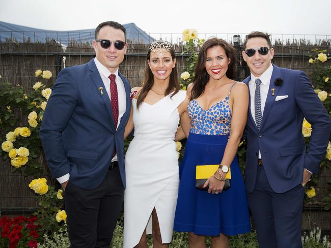 Paul and Barb Licuria with Nicole and Billy Slater at the Melbourne Cup Day 2014 at Flemington. Picture: Nathan Dyer