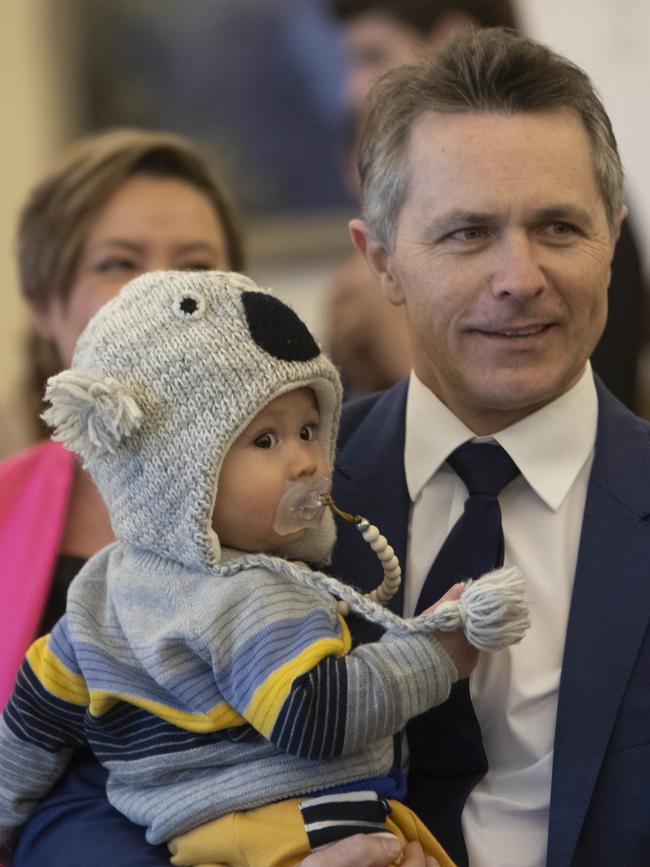 Education Minister Jason Clare with baby son Atticus at his swearing ceremony at Government House in 2022. Picture NCA NewsWire / Andrew Taylor