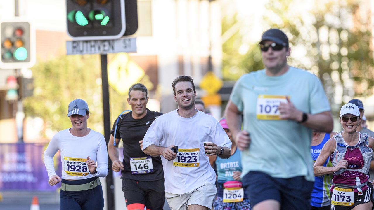 Runners on Margaret St in the Toowoomba CBD in the Toowoomba Marathon (and half marathon), Sunday, May 4, 2025. Picture: Kevin Farmer