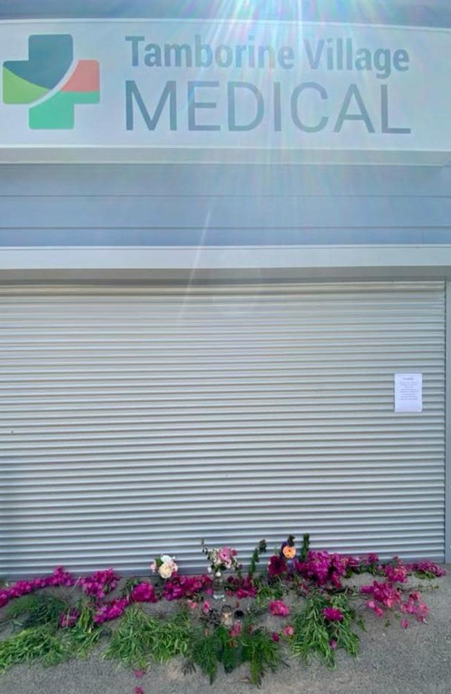 A wreath laid out the front of Tamborine Village Medical Centre for Dr Elizabeth Lloyd