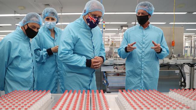 Prime Minister Scott Morrison and Health Minister Greg Hunt visit the CSL plant responsible for making and delivering the AstraZeneca vaccine.