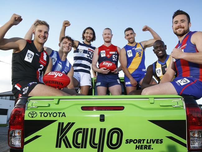 Kayo launch for the streaming of VFL games. All VFL captains team team shoot.  Josh Newman (Frankston), Flynn Appleby (North Melbourne), Daniel Capiron (Geelong), Mitch White (Casey Demons), Adam Marcon (Williamstown), Tom OÃSullivan (Port Melbourne) and Goy Lok (Sandringham) in the back of the Kayo ute. (NOTE: NOT ON ROAD AND NOT MOVING.       Back Left - Lachlan Tardrew (Collingwood), Damian Mascitti (Box Hill), Daniel Capiron (Geelong), Peter McEvoy (Coburg), Mitch White (Casey Demons), Flynn Appleby (North Melbourne).Left middle - Adam Marcon (Williamstown), Daniel Younan (Essendon), Ryley Stoddart (Carlton), Goy Lok (Sandringham), Lochie Sullivan (Footscray), Steve Morris (Richmond). Front Left - Tom OÃSullivan (Port Melbourne), Michael Sodomaco (Werribee), Tom Wilson (Northern Bullants) and Josh Newman (Frankston).               Picture: David Caird