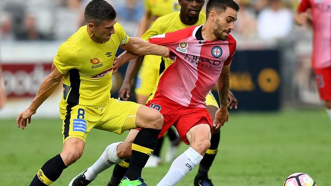 Anthony Caceres, right, has had limited game time with Melbourne City this season. Picture: AAP