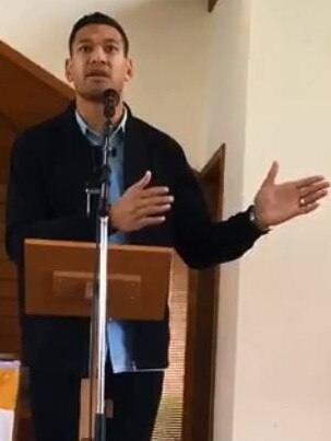 Israel Folau preaching at his church.