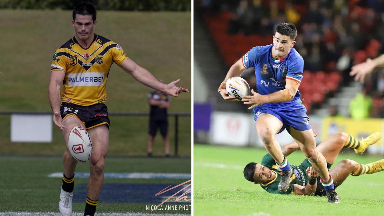 Dan Atkinson in action for the Sunshine Coast Falcons (left) and the Italian national team at the 2022 Rugby League World Cup. Picture: Nicola Anne Photography.