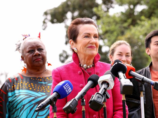 SYDNEY, AUSTRALIA - NewsWire Photos SEPTEMBER 15, 2024:  Clover Moore pictured with her team at a press conference  addressing the media following her historic win for a sixth term as Sydney lord mayor.Picture: NewsWire / Damian Shaw