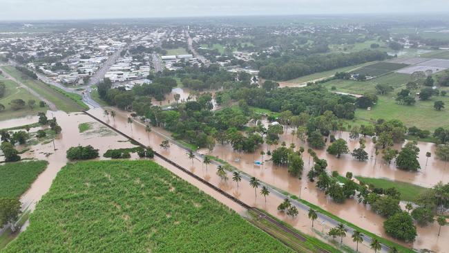 Flooding cuts the Bruce Highway at Plantation Creek on Saturday afternoon, February 8, 2025. Photo: Burdekin Drones