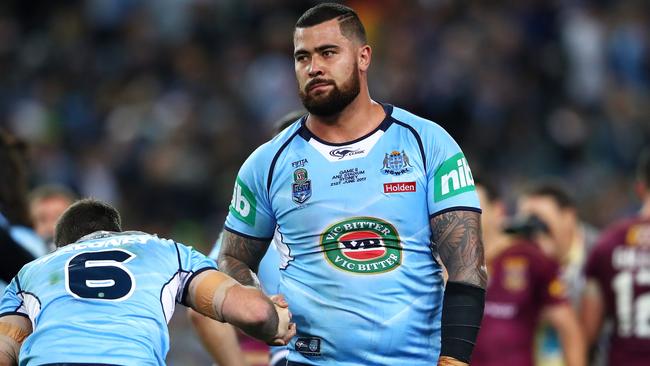 SYDNEY, AUSTRALIA — JUNE 21: Andrew Fifita of the Blues looks dejected after losing game two of the State of Origin series between the New South Wales Blues and the Queensland Maroons at ANZ Stadium on June 21, 2017 in Sydney, Australia. (Photo by Cameron Spencer/Getty Images)