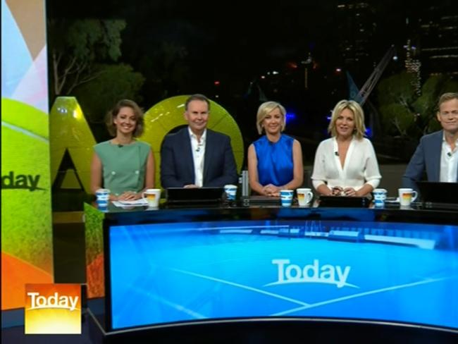 The new Channel Nine Today Show hosts on their first day. (L-R) Brooke Boney, Tony Jones, Deb Knight, Georgie Gardner and Tom Steinfort.