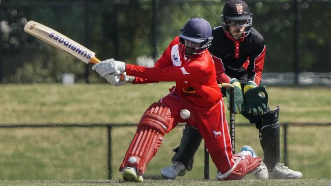 Cricket Southern Bayside: Championship Div: Mordialloc v South Caulfield. Mordialloc batter A K V Tyrone and South Caulfield  keeper Elliott Bradley. Picture: Valeriu Campan