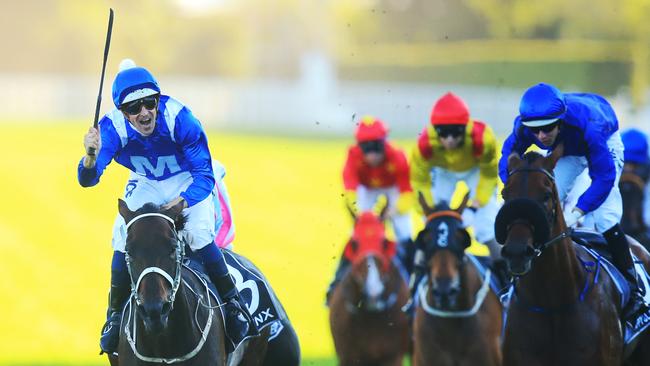 Hugh Bowman celebrates the Doncaster win on-board Winx during Day 1 of the Championships at Royal Randwick. Picture: Jenny Evans