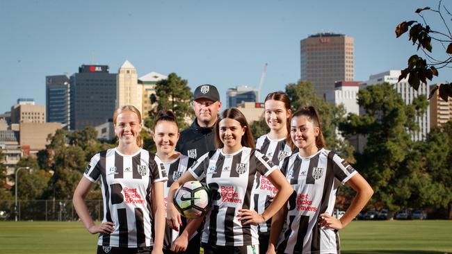 Adelaide City players Emily Gale, Grace Abbey, Daniela DiBartolo, coach Andrew Calderbank, Mikayla Vidmar and Chrissie Zikos. Picture: MATT TURNER.