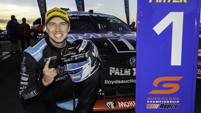 HOBART, AUSTRALIA – APRIL 18: (EDITORS NOTE: A polarising filter was used for this image.) Chaz Mostert drives the #25 Mobil1 Appliances Online Racing Holden Commodore ZB celebrates after winning race 3 for the Tasmania SuperSprint which is part of the 2021 Supercars Championship, at Symmons Plains on April 18, 2021 in Hobart, Australia. (Photo by Daniel Kalisz/Getty Images)