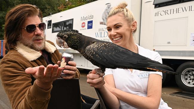 Musician Tex Perkins and head vet Bree Talbot with Jezebel, a red-tailed black cockatoo, in front of Australia’s only mobile wildlife hospital. Picture: Lyndon Mechielsen