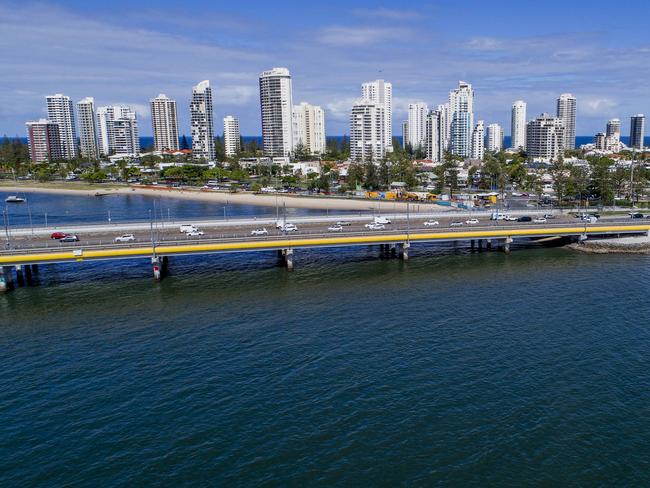 Aerial view of Main Beach, tram line (G:link)  and the Sundale Bridge.  Picture: Jerad Williams