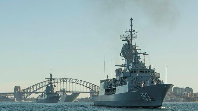 Royal Australian Navy vessels, the HMAS Canberra, Hobart and Stuart, departed Fleet Base East in Sydney for training and maritime surveillance operations. Picture: Department of Defence