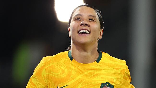 Sam Kerr celebrates her goal during the AFC Women's Asian Olympic Qualifier match against Chinese Taipei in Perth. Photo by James Worsfold/Getty Images.