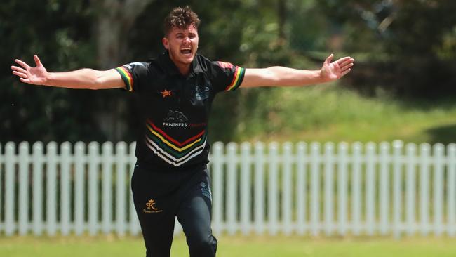 Penrith’s Ryan Fletcher of Penrith appeals for the wicket of Tom Scoble of UNSW during their match-up.