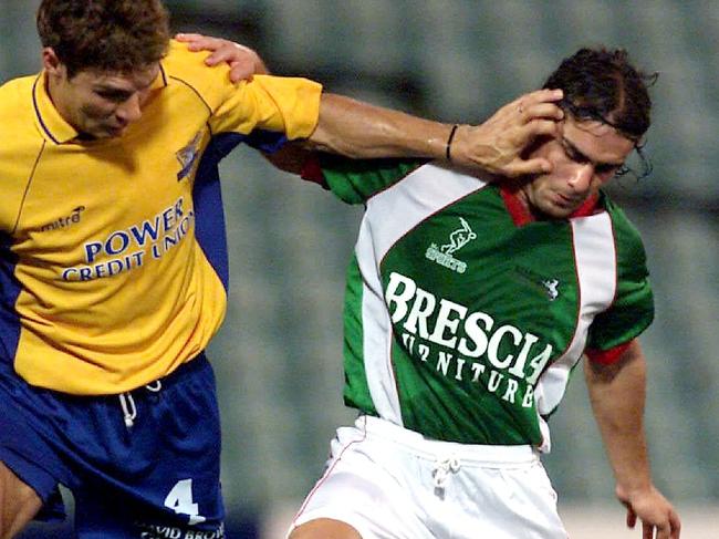 John Maisano (right), pictured in action for Marconi, also played in Italy, Belgium and Scotland. Picture: Brett Costello.