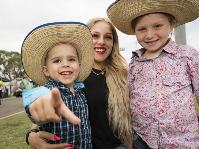 Skye Georgiu with her kids Kai-Luca Collins and Melody Owen-Woods at the Toowoomba Royal Show, Saturday, April 1, 2023. Picture: Kevin Farmer