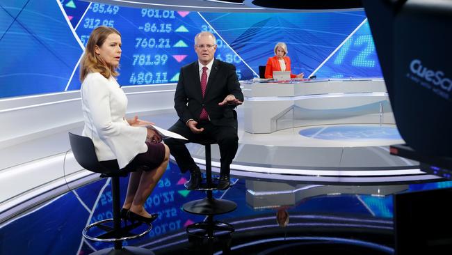 Scott Morrison and Ticky Fullerton in the new Sky News Business studios. Picture: Hollie Adams.