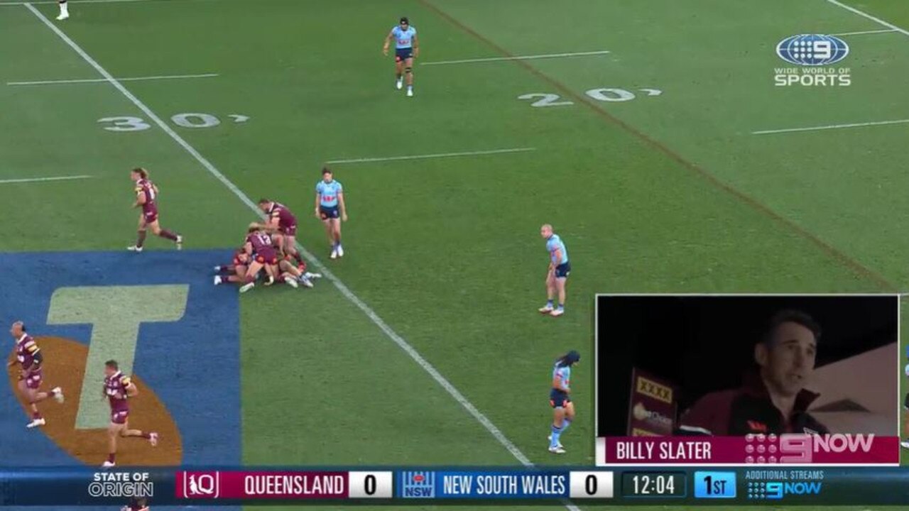 Queensland coach Billy Slater is interviewed 12 minutes into the game. Picture: Channel 9