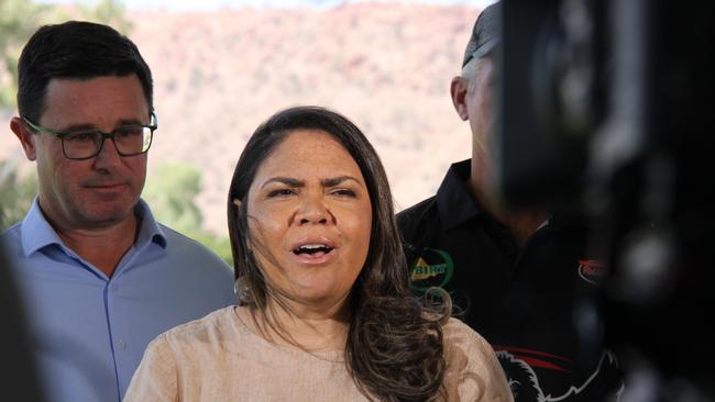 NT Senator and Shadow Minister for Indigenous Australians Jacinta Nampijinpa Price at Traeger Park Oval with federal National Party Leader David Littleproud in Alice Springs. Picture: Gera Kazakov