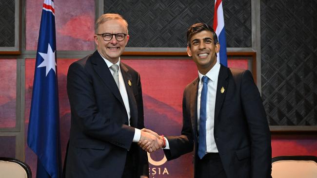 Prime Minister Anthony Albanese and British Prime Minister Rishi Sunak hold a bilateral meeting in Nusa Dua, Indonesia. Picture: Getty Images