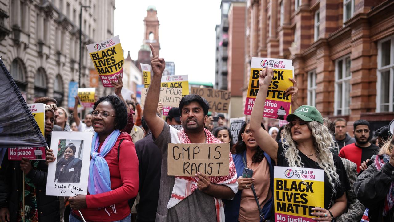 A Stand Up To Racism demonstration took place in Manchester after a police officer was suspended following a man getting kicked as he lay on the floor at the airport. Picture: James Speakman/PA Wire/AAP